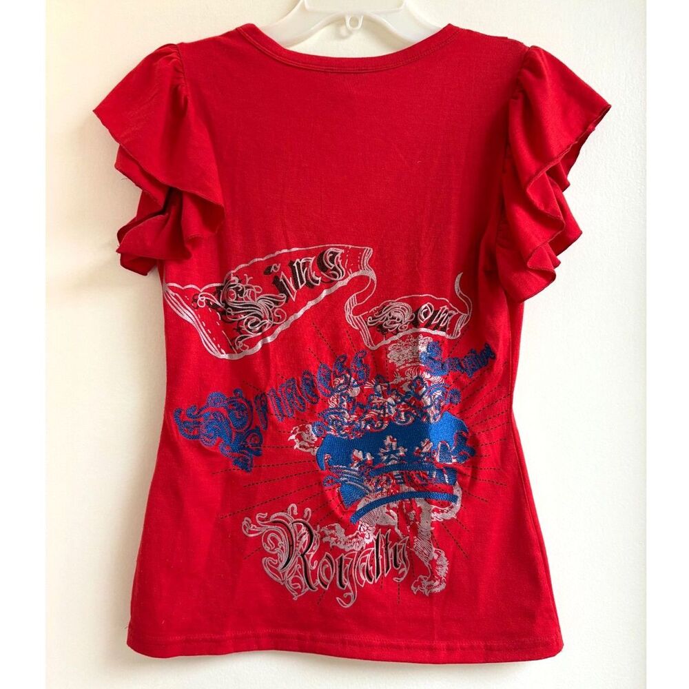Y2K McBling Graphic Baby Tee Red Rhinestone Crown V Neck Ruffle Club Rave Lion S - Picture 4 of 9